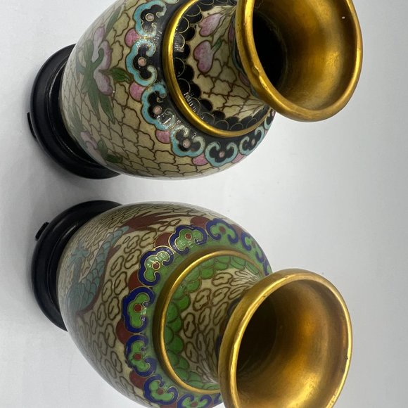 Pair of Vintage Chinese Cloisonne Dragon/Lotus Vases Carved Wood Stand Circa Lat - Picture 5 of 9